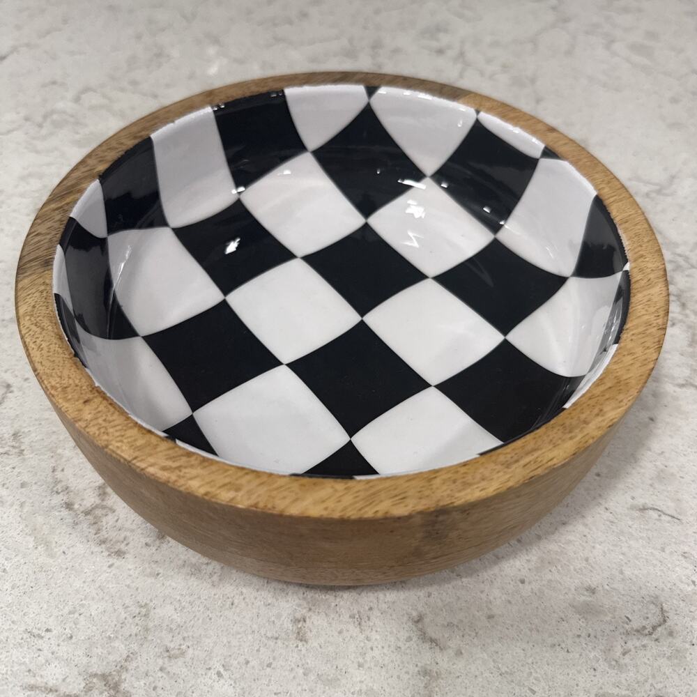 Black White Checker Enamel on Wood 8” Serving Tray / Bowl Enameled Checkerboard